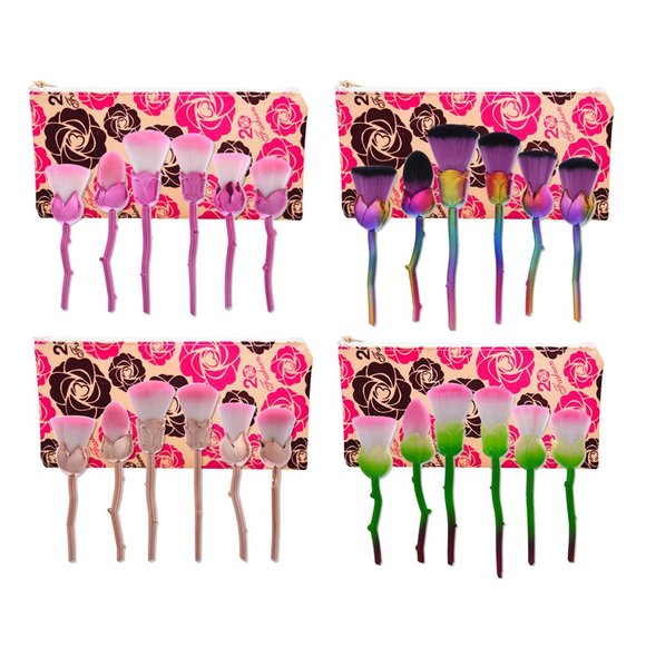 6-Piece Set: Floral  Makeup Brush Set Premium Synthetic Brushes - Rose Gold - Picture 2 of 3